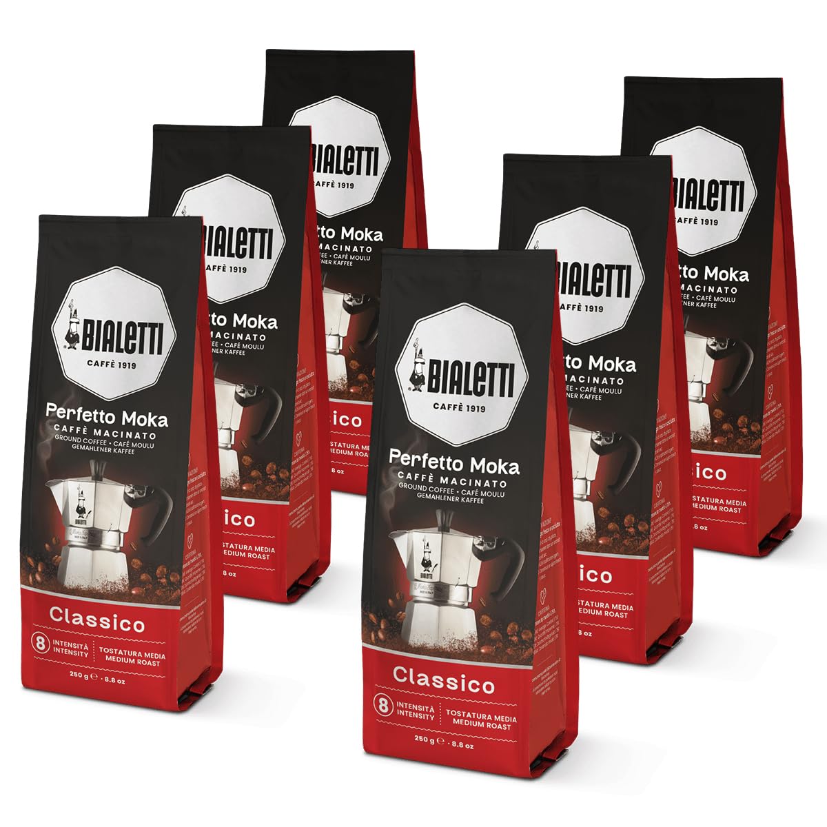 Bialetti Perfetto Moka Classico Ground Coffee 8.8 oz Pack of 6, Medium Roast Intensity 8 - 50% Arabica and 50% Robusta Italian Espresso with Floral & Dried Fruit Notes, Smooth Mellow Flavor, Compatible with Moka Pots