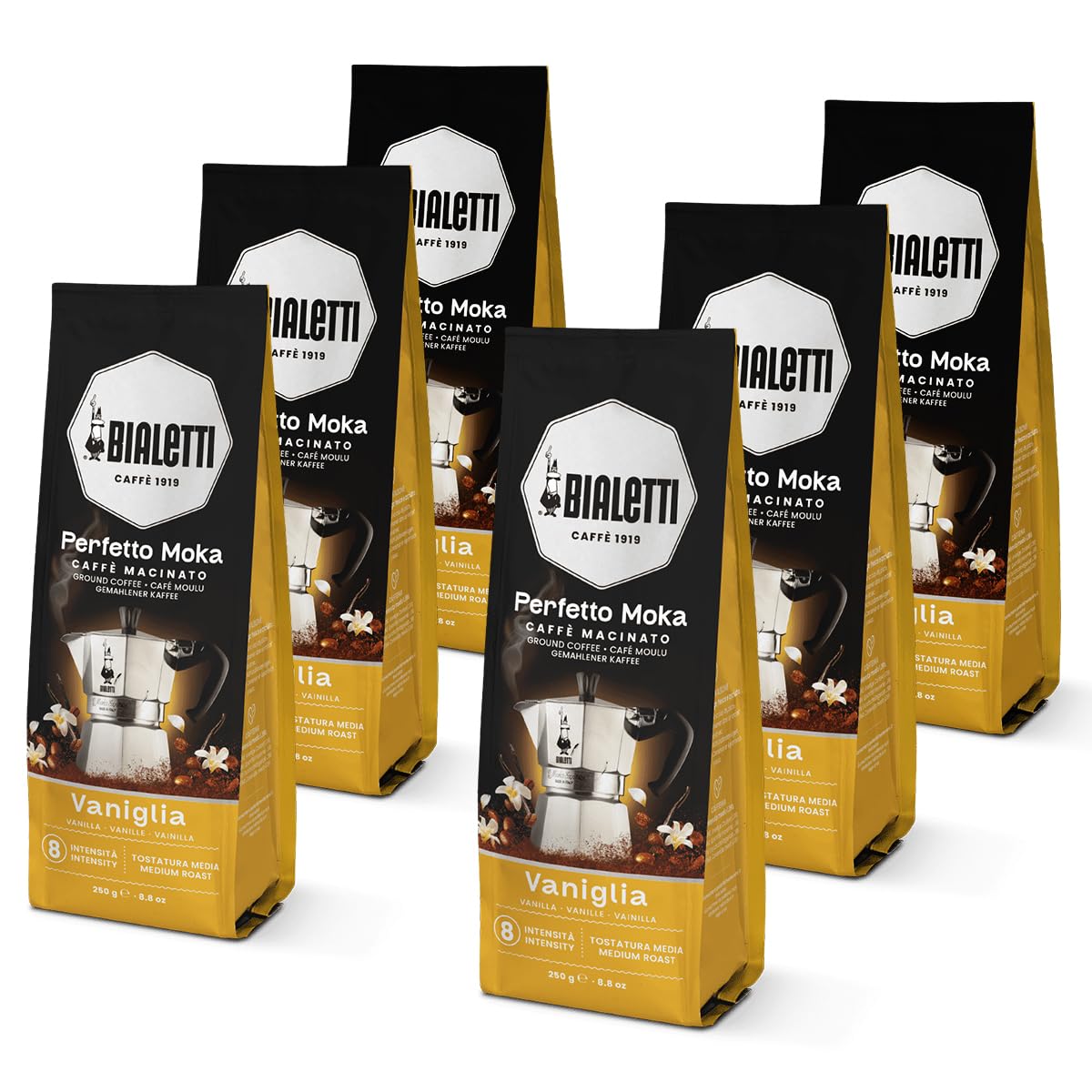 Bialetti Perfetto Moka Vaniglia Ground Coffee 8.8 oz Pack of 6, Medium Roast Intensity 8-80% Arabica, 20% Robusta Italian Espresso, Vanilla Flavored Sweet, Delicate Taste, Compatible with Moka Pots