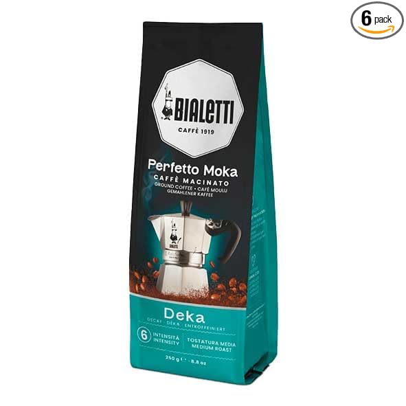 Bialetti Perfetto Moka Decaf Ground Coffee 8.8 oz Pack of 6, Medium Roast Intensity 6-40% Arabica, 60% Robusta Italian Espresso Aromatic Notes of Cereals and Toasted Bread, Compatible with Moka Pots