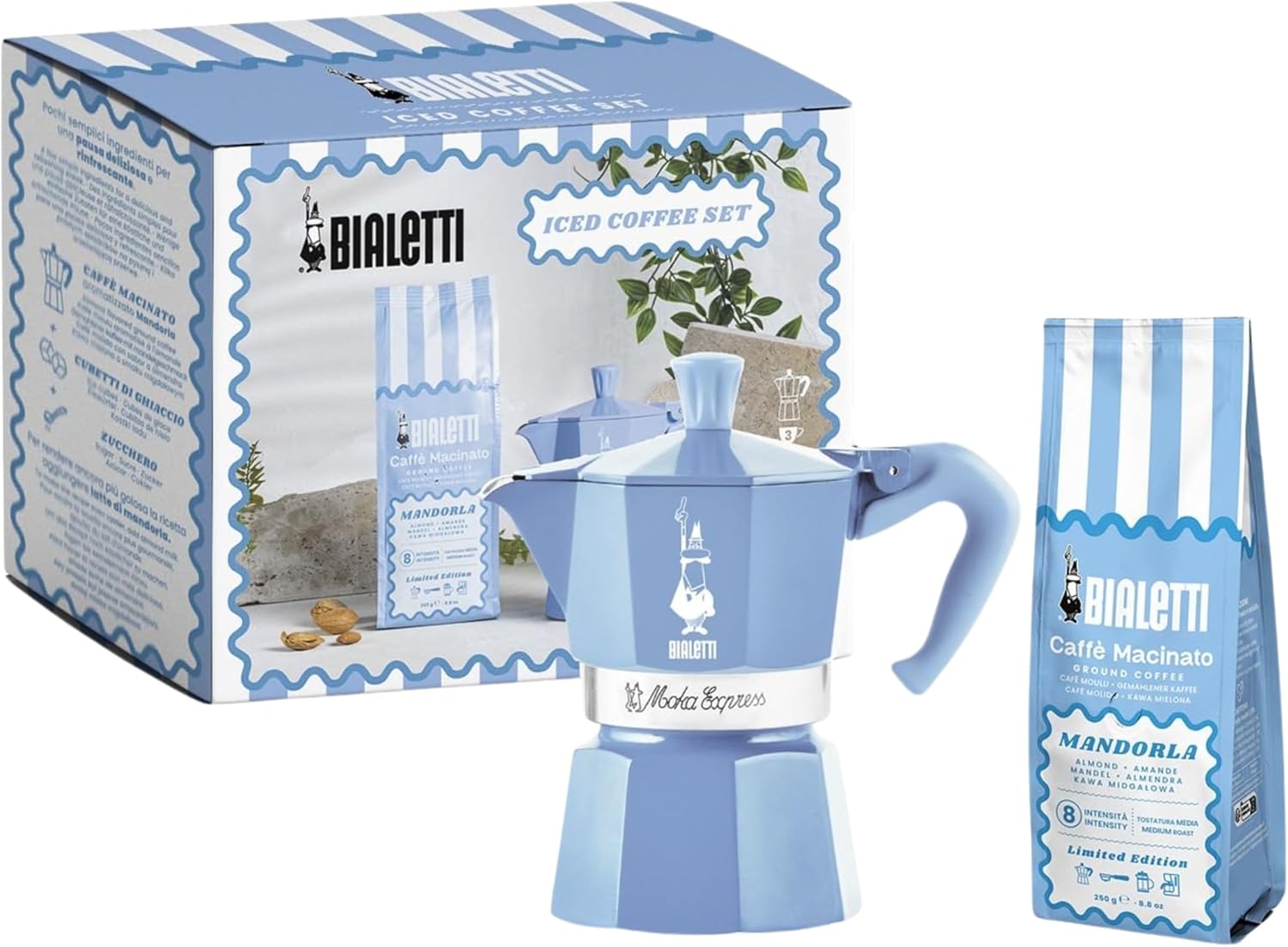Bialetti Moka Express 3 Cup Light Blue & Almond Ground Coffee Gift Set – Stovetop Espresso Maker with 250g Caffe Macinato Mandorla, 80% Arabica 20% Robusta Medium Dark Roast, Made in Italy Light Blue Moka & Ground Coffee