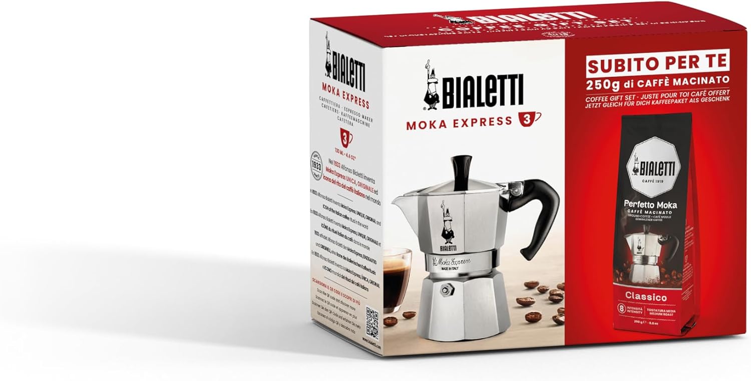 Bialetti 3 Cup Moka Pot and Ground Coffee Bundle 8.8 oz Bag - Italian Medium Roast Rich Barista Style Grounds with a Small Stovetop Espresso Maker Home Brewing Café Kitchen Appliance for Daily Use Classic Moka & Ground Coffee