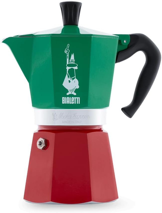 Bialetti - Moka Express Italia Collection: Iconic Stovetop Espresso Maker, Makes Real Italian Coffee, Moka Pot 6 Cups (9 Oz - 270 Ml), Aluminium, Colored in Red Green Silver Red/Green
