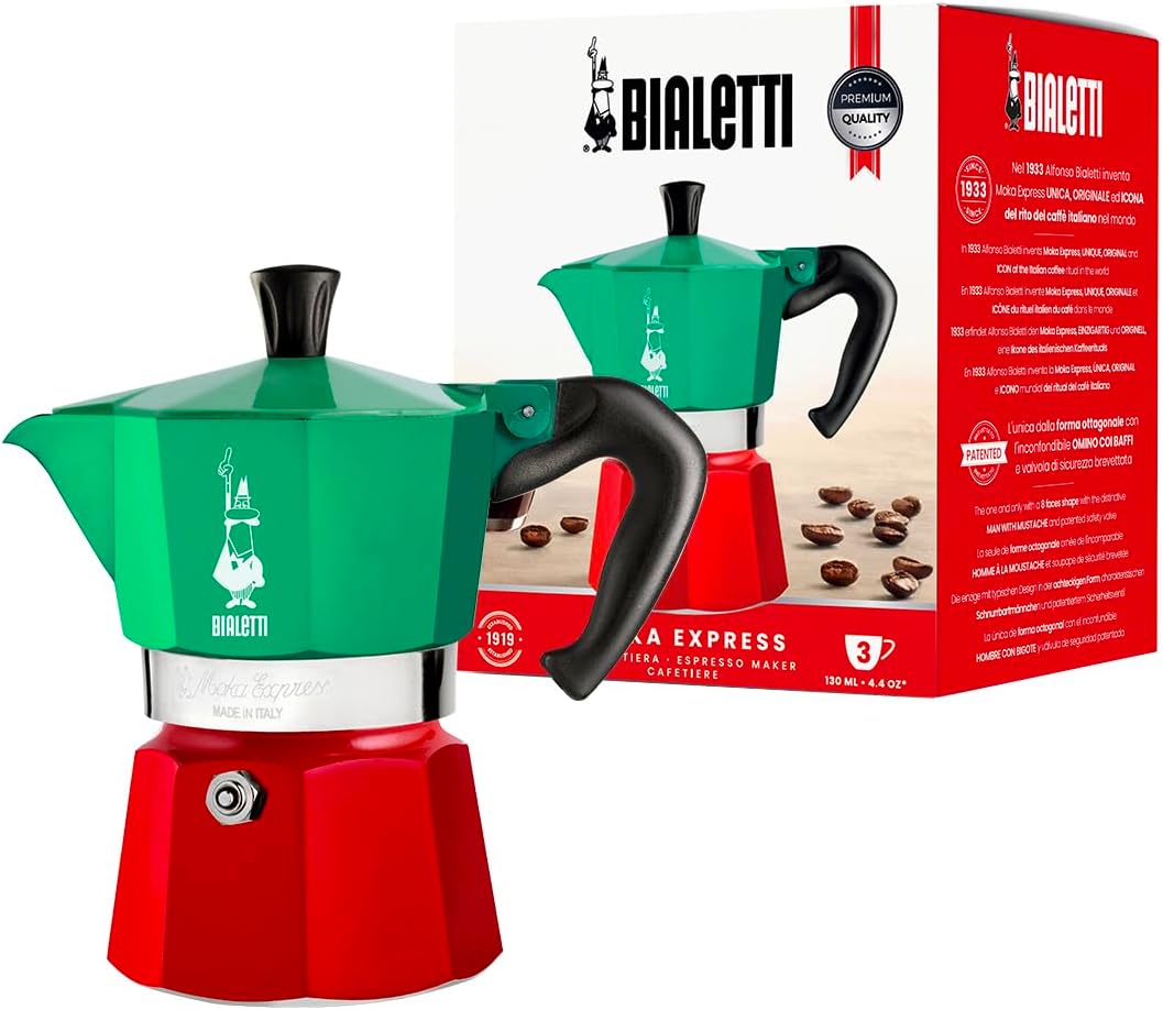 Bialetti - Moka Express Italia Collection: Iconic Stovetop Espresso Maker, Makes Real Italian Coffee, Moka Pot 3 Cups (4.3 Oz - 130 Ml), Aluminium, Colored in Red Green Silver Green/Red