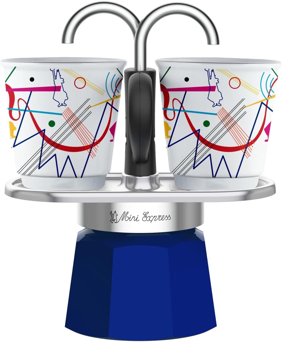 Bialetti - Mini Express Kandinsky: Moka Set includes Coffee Maker 2-Cups (2.8 Oz) + 2 shot glasses, Light Blue, Aluminum