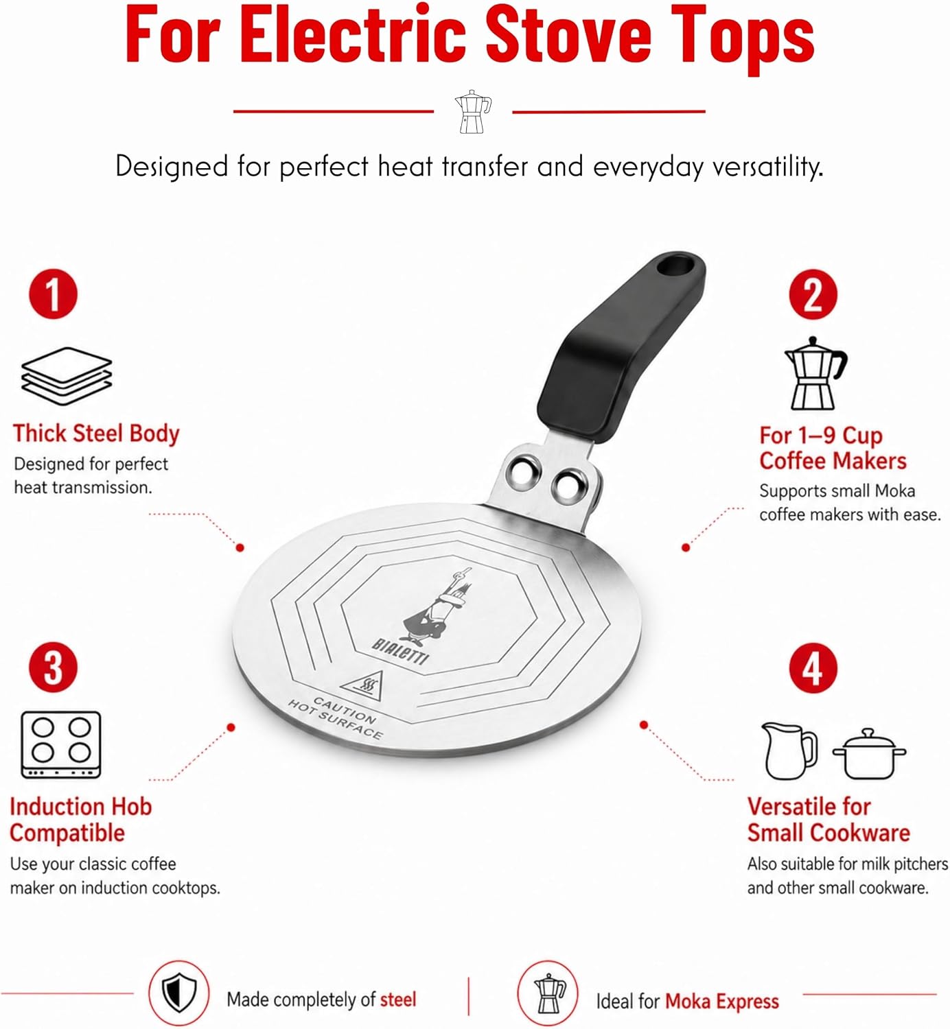 Bialetti Stainless Steel Plate, Heat Diffuser Cooking Induction Adapter, Steel, 6 pints