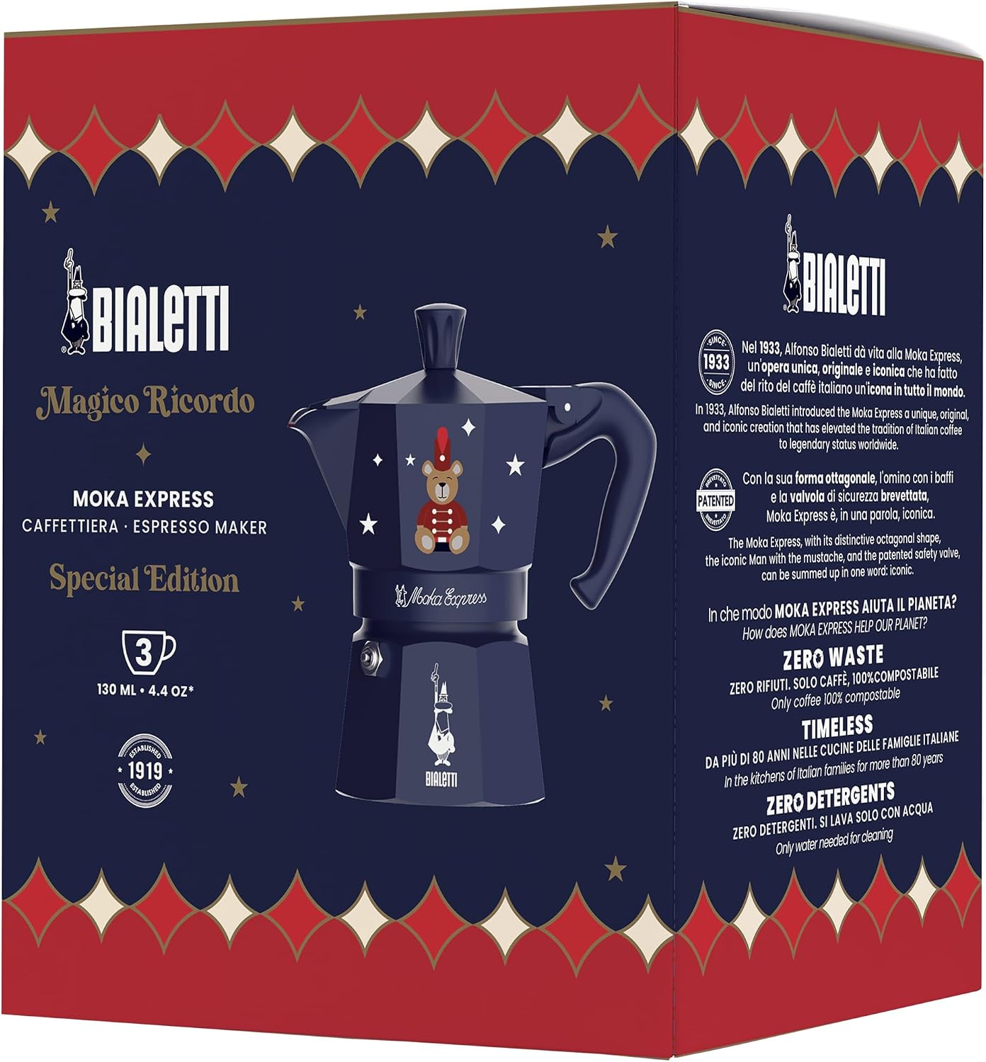 Bialetti Moka Express Iconic Italian Stovetop Espresso Maker (Blue/Red, 3 Cups)