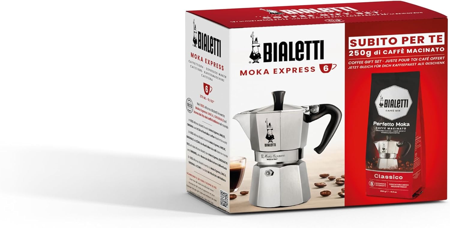 Bialetti 6 Cup Moka Pot and Coffee Ground Bundle 8.8oz Bag with Medium Roast Italian Ground Blend - Stovetop Espresso Maker Morning Brew Barista Style Café Home Brewing Daily Use Kitchen Appliance Set Classic Moka & Ground Coffee