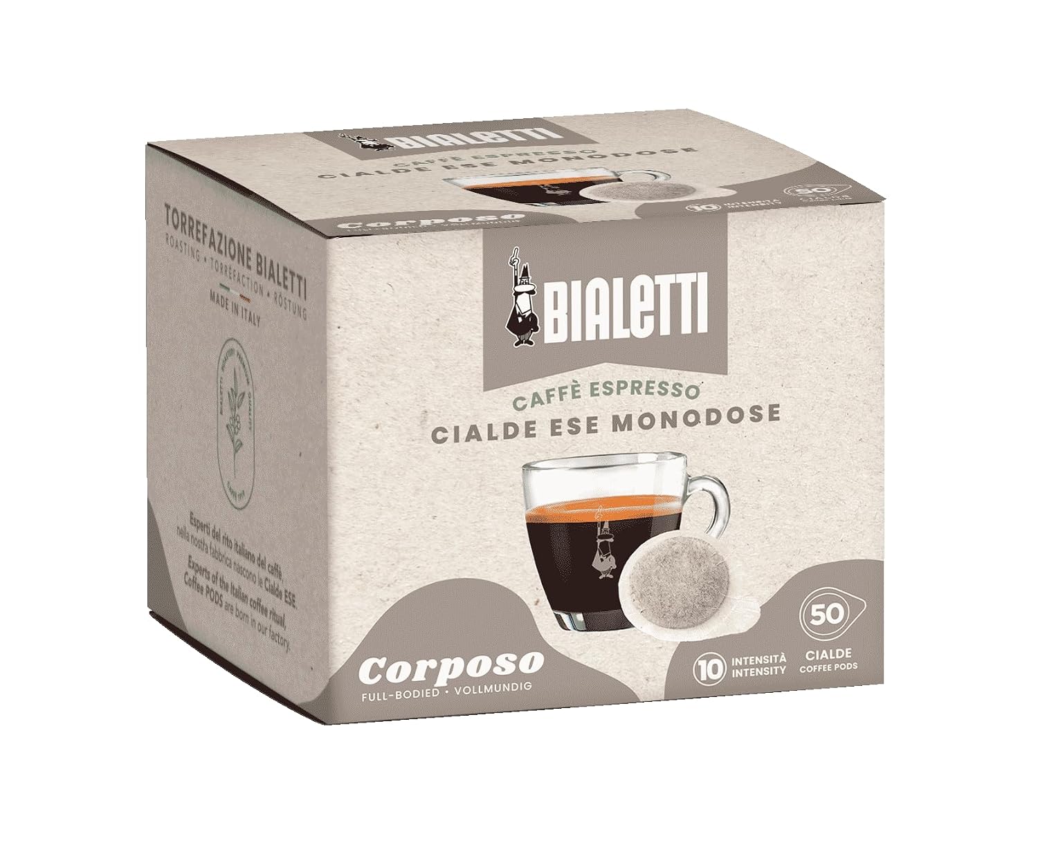 Bialetti Decaffeinated ESE Espresso Pods 50 Count – Medium Roast Intensity 6, Compostable Paper Pods for ESE Coffee Machines, Smooth Balanced Flavor with Subtle Cereal Notes, Made in Italy