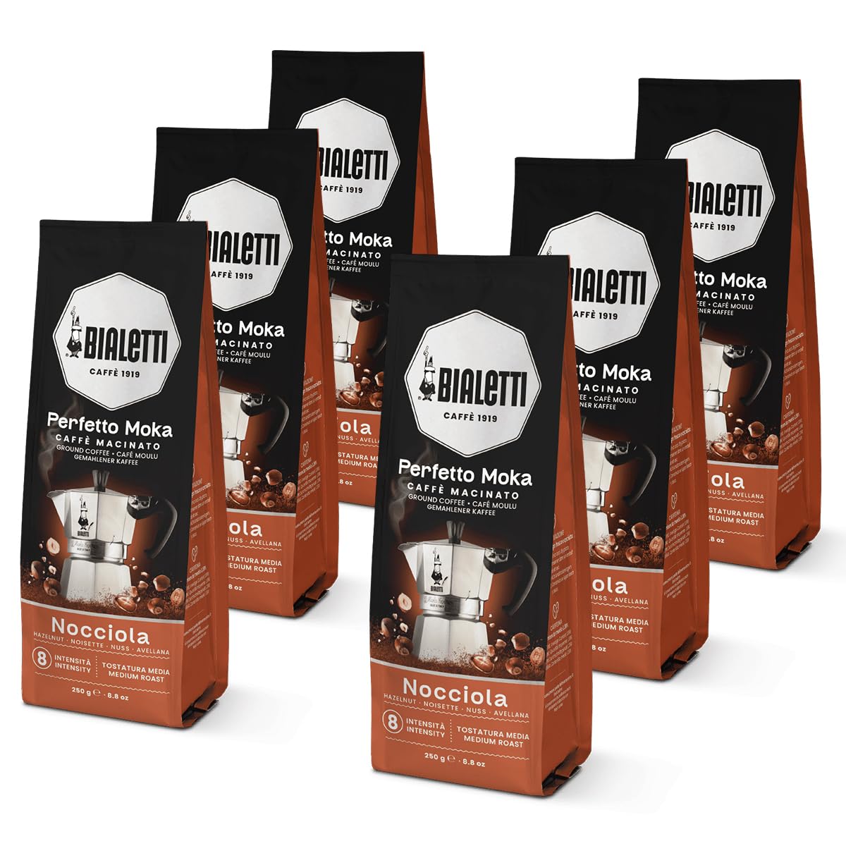 Bialetti Perfetto Moka Nocciola Ground Coffee 8.8 oz Pack of 6, Medium Roast Intensity 8 - 100% Arabica Italian Espresso with a Roasted Hazelnut Aroma, a Rounded, Delicate Flavor, Compatible with Moka Pots