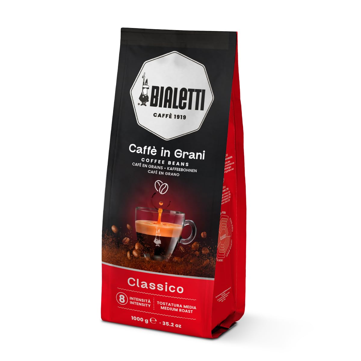 Bialetti Classico Coffee Beans, 1000g Bag - Medium Roast Intensity 8, 50% Arabica 50% Robusta Whole Bean Blend - Sweet Floral & Dried Fruit Notes For Espresso, Cappuccino & Latte Machines & Moka Pots