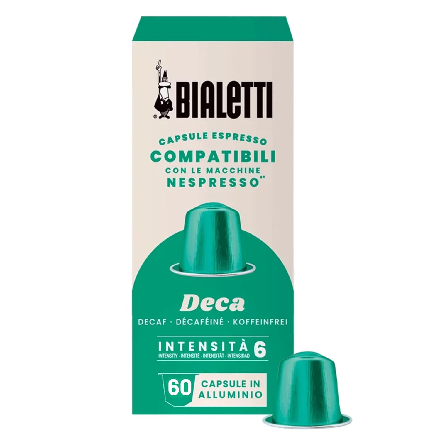 Bialetti Decaf Espresso Capsules 60 Pack – Original Line Compatible Pods, Intensity 6, Light Balanced Decaffeinated Coffee with Spicy Rounded Notes