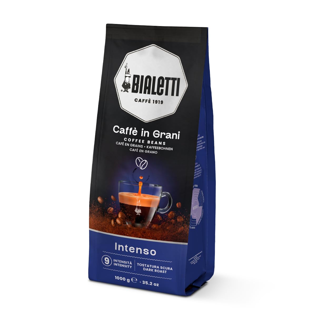 Bialetti Intenso Coffee Beans, 1000g Bag - 100% Robusta Medium Roast Intensity 9, Strong Espresso with Cocoa Notes - Compatible with Automatic Machines, Bean to Cup Brewers & Stovetop Moka Pots