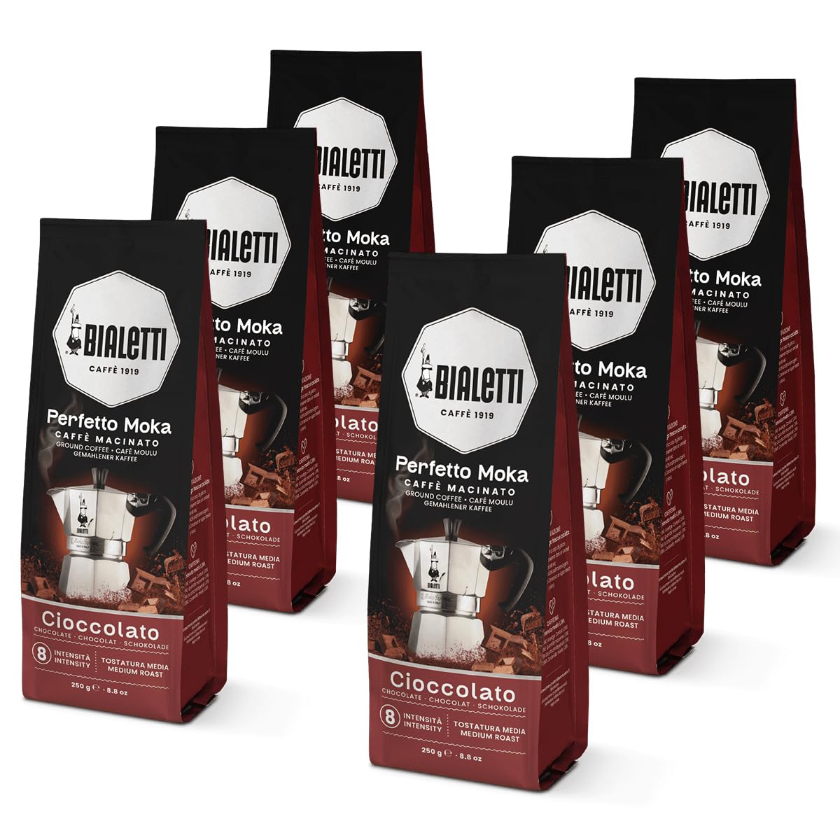 Bialetti Perfetto Moka Cioccolat Ground Coffee 8.8 oz Pack of 6, Roast Intensity 8 - Gourmet Italian Espresso with a Chocolate Aroma with Delicate Caramelized Notes, Compatible with Moka Pots