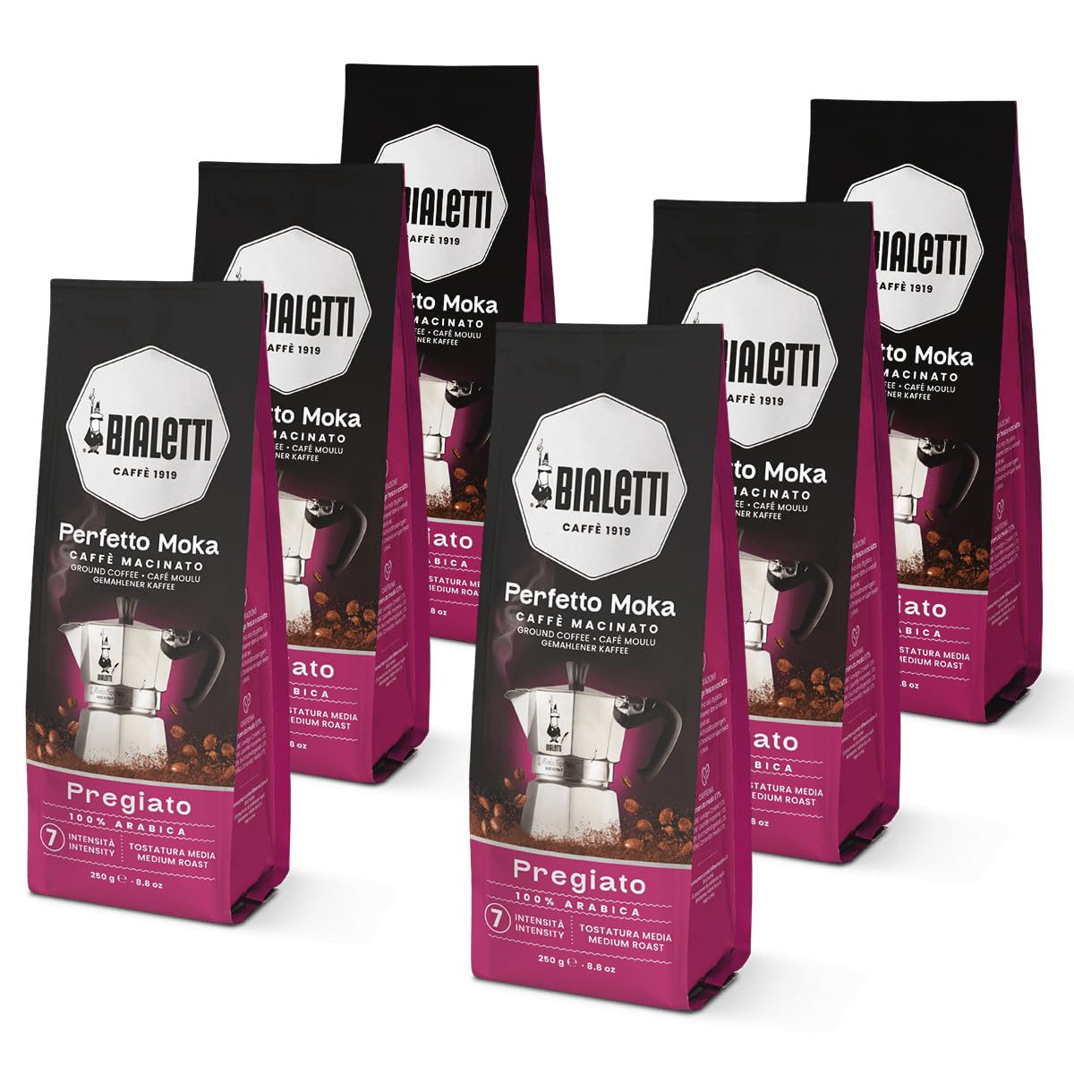Bialetti Perfetto Moka Delicato Ground Coffee 8.8 oz Pack of 6, Light Roast Intensity 7-100% Arabica Italian Espresso with Floral & Dried Fruit Notes, Smooth Mellow Flavor, Compatible with Moka Pots